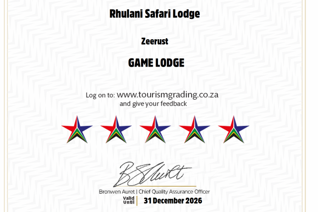 Rhulani Safari Lodge retains prestigious 5-star rating from the TGCSA